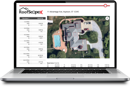 Laptop displaying a RoofScopeX roofing measurement report, showcasing detailed roof dimensions and pitch data for accurate estimates and material ordering on roofscopex.com